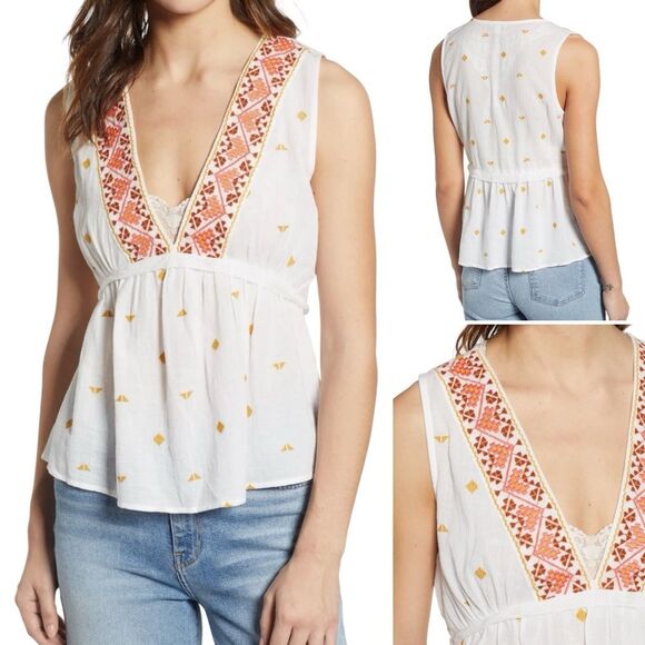 Lucky Brand Romantic Aztec Design Embroidered Babydoll Sleeveless Cotton Top - Picture 11 of 12
